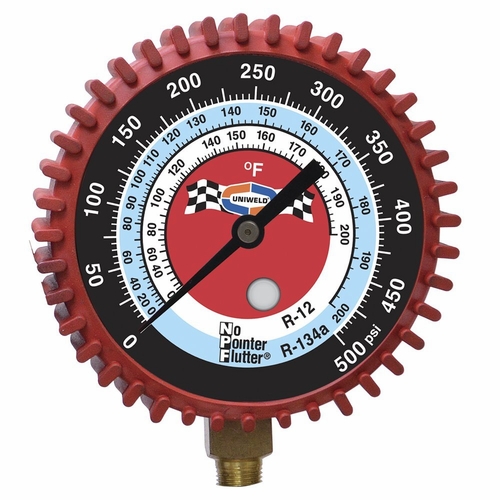 UNIWELD G409NSAD 3-1/8 inch RED/HIGH PRESSURE NPF GAUGE W/BOOT, (PSI øF) (R134a/R12) UPC 53302
