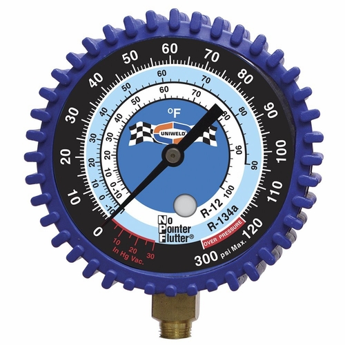 UNIWELD G410NSAD 3-1/8 inch BLUE/LOW PRESSURE NPF GAUGE W/BOOT, (PSI øF) (R134a/R12) UPC 53312