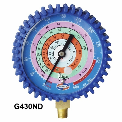 UNIWELD G430ND 3-1/8 inch BLUE/LOW PRESSURE NPF? GAUGE W/BOOT, (PSI øF) (R410A/R22/R404A/R134a) UPC