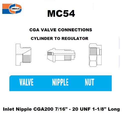 Uniweld Mc52 / Upc 12901 Inlet Nipple Cga200 7/16 Inch  - 20 Unf 1-1/8 Inch  Long Minimum Order 20 N