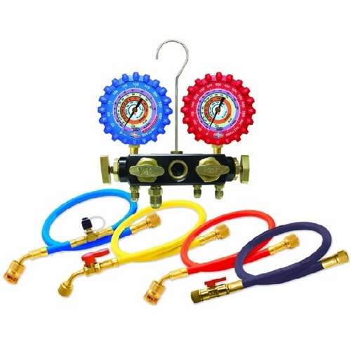 Uniweld Q4N85Smez 4-V Aluminum Manifold, 3-1/8 Inch  Npf -R410A/R22/R404A/R134A-, Ez5Hds Hose Set