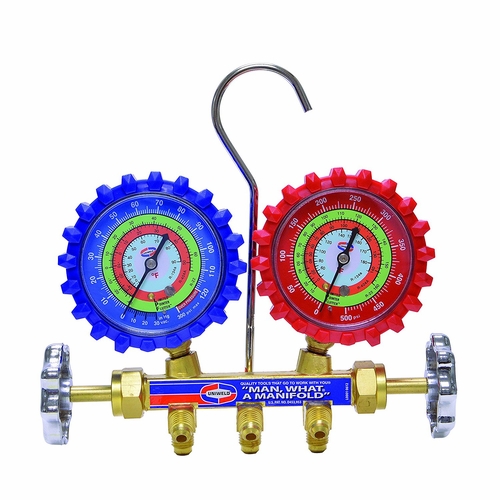 UNIWELD QAL-1 2-V BRASS MANIFOLD, LPF GAUGES (PSI-kg/cmý-øF) (NO HOSES) UPC 45056