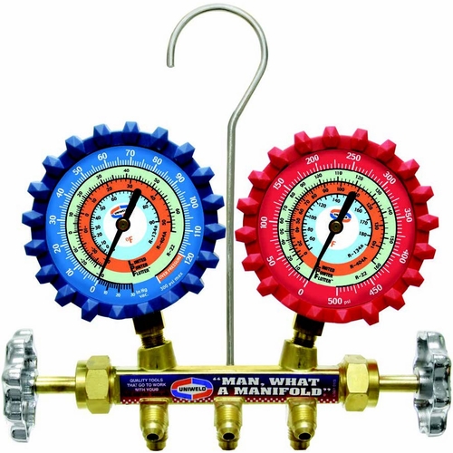UNIWELD QAL-5 2-V BRASS MANIFOLD, LPF GAUGES (PSI-kg/cm�-�C) (NO HOSES) UPC 45058