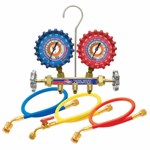 UNIWELD QS4L3HEZ  2-V BRASS MANIFOLD WITH 2-1/2 inch  GAUGES (R410A/R22/R404A) AND 3 FT. EZ TURN HOS