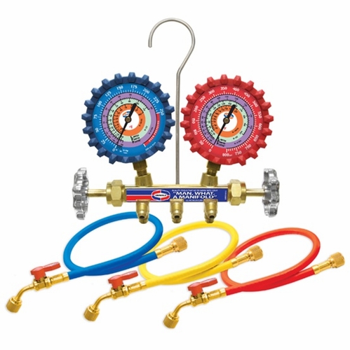 UNIWELD QS4L5HBV 2-V BRASS MANIFOLD WITH 2-1/2 inch GAUGES (R410A/R22/R404A) AND 5 FT. BALL VALVE H