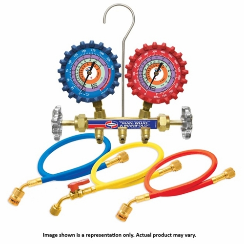 UNIWELD QS4L6HEZ 2-V BRASS MANIFOLD WITH 2-1/2 inch GAUGES (R410A/R22/R404A) AND 6 FT. EZ TURN HOSE