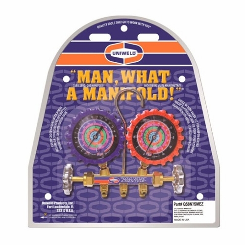 Uniweld Qs8N3Smez 2-V Brass Manifold With 3-1/8 Inch  Npf Gauges (R410A/R22/R404A/R134A) And 3 Ft. E