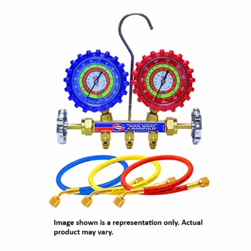 UNIWELD QS8N6BV 2-V BRASS MANIFOLD WITH 3-1/8 inch NPF GAUGES (R410A/R22/R404A/R134a) AND 6 FT. BAL