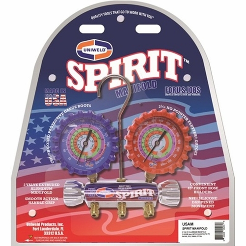 Uniweld Usam 2-Valve Spirit Aluminum Manifold (R410A/R22/R404A/R134A) No Hoses