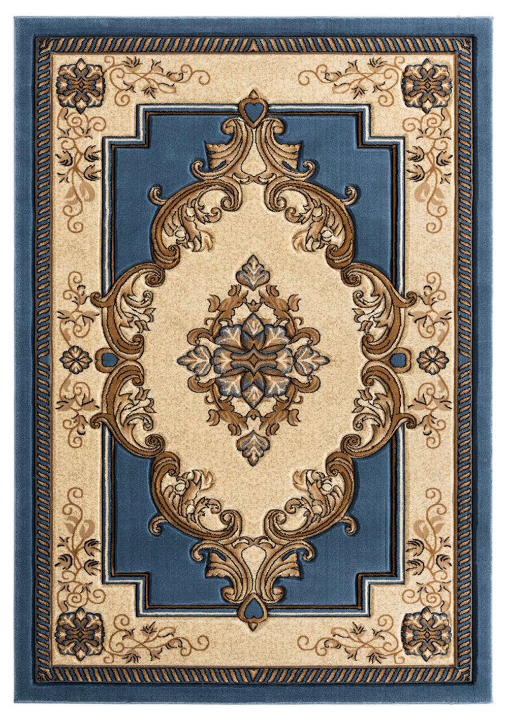 Blue Traditional-European Curls Petals Medallion Area Rug Bordered 2050 10560