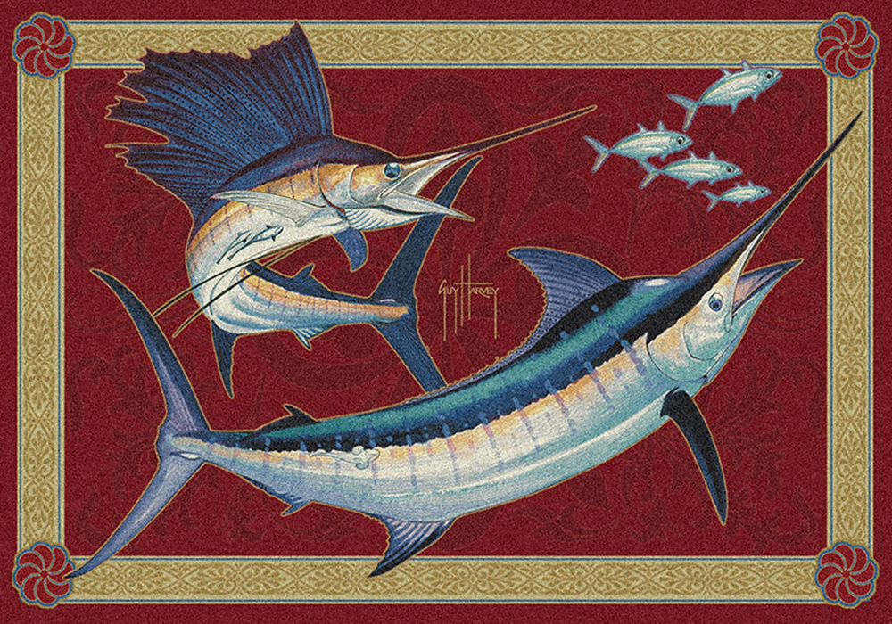 Milliken Red Contemporary Fish Spears Bordered Area Rug Nautical Mini Slam