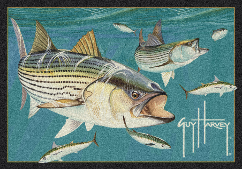 Milliken Blue Contemporary Fishes Ocean Waves Area Rug Nautical Striped Bass