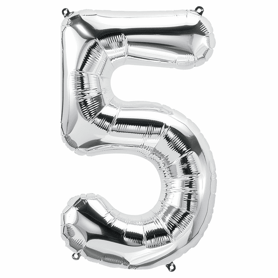 34" Silver Number 5 Balloon Packaged w/weight
