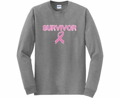 Survivor Pink Ribbon Cancer Awareness Long Sleeve Shirt - in 20 Shirt Colors