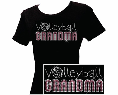 Volleyball Grandma Pink & Silver Rhinestone Crew Neck Fitted Shirt
