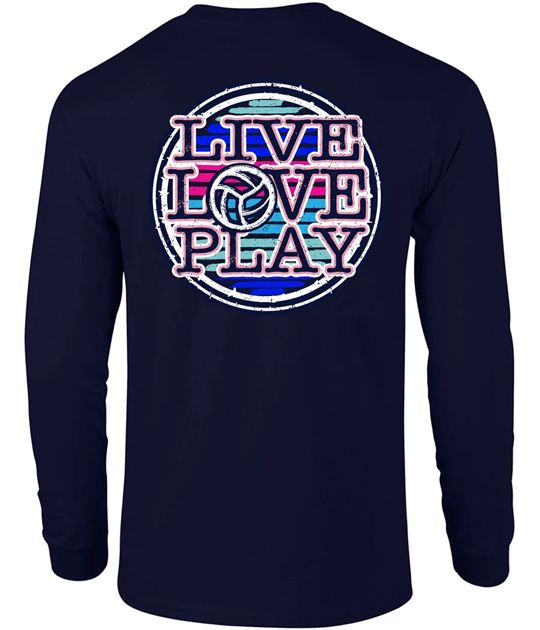 Long Sleeve Volleyball Tee Live Love Play Volleyball Graphic Navy