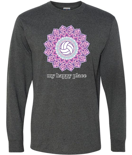 Long Sleeve Volleyball Tee My Happy Place Volleyball Floral Graphic