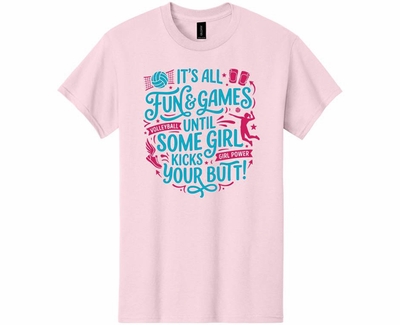 Volleyball T-Shirt Girls Kick Butt Design Pink Short Sleeve Tee