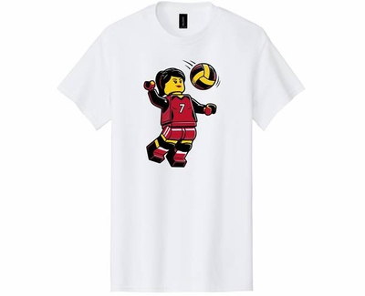 Volleyball T-Shirt Lego Block Girl Spike Design White Short Sleeve Tee