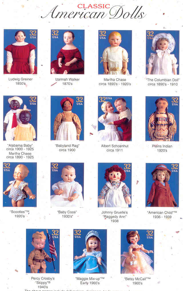 Classic American Dolls Postcard Set From USPS / Raggedy Ann Stamp Doll