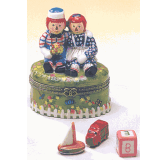 Raggedy Ann & Andy with Flowers Ceramic Hinged Trinket Box **Only