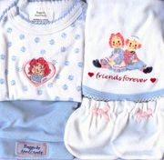 Raggedy Ann and Andy Layette Set for Infant Baby 4 Piece Newborn 0-3 Months