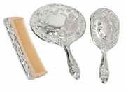 Ornate Vanity Set with Comb, Brush & Mirror Nickel-Plated