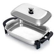  Precise Heat 16-Inch Electric Skillet - Rectangular Stainless Steel Pan with Handles and Lid Cover