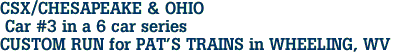 CSX/CHESAPEAKE & OHIO<br> Car #3 in a 6 car series<br>CUSTOM RUN for PAT'S TRAINS in WHEELING, WV 