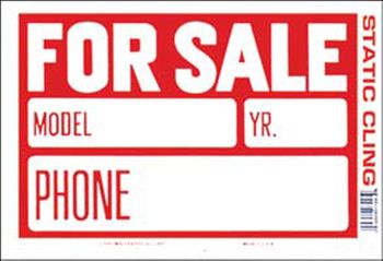 Red & White Static Cling For Sale Sign (8" x 12")