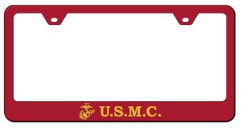 US Marine Corp Laser Etched Yellow on Red Stainless Steel License Plate Frame