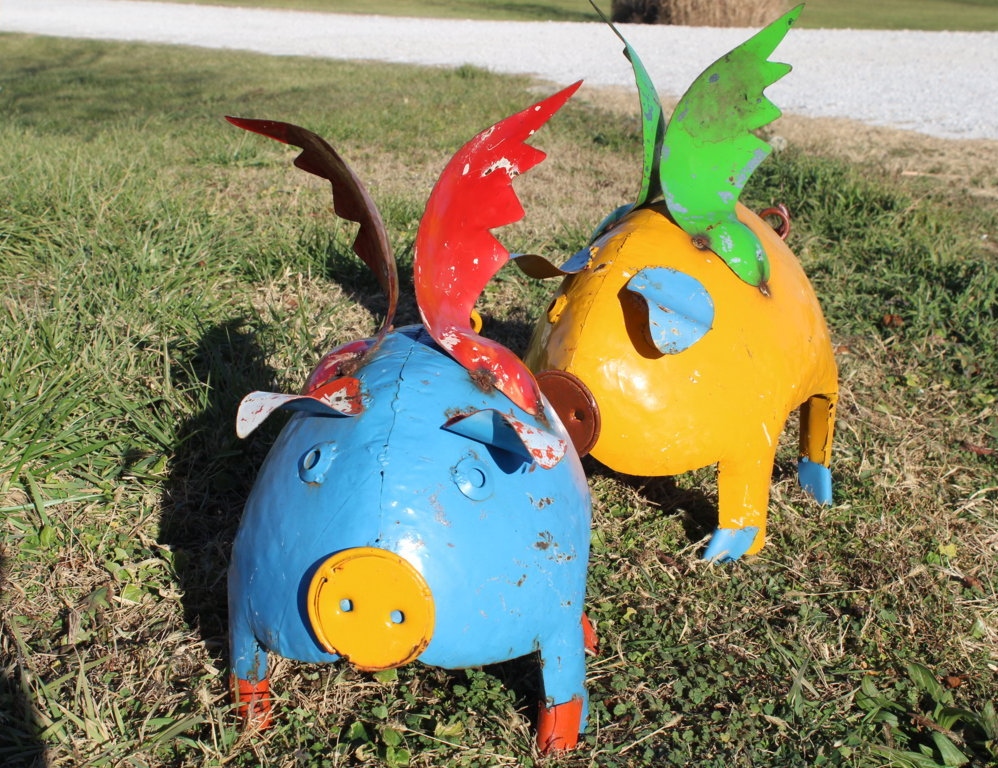 20" Large Recycled Metal Flying Pig Lawn Decoration
