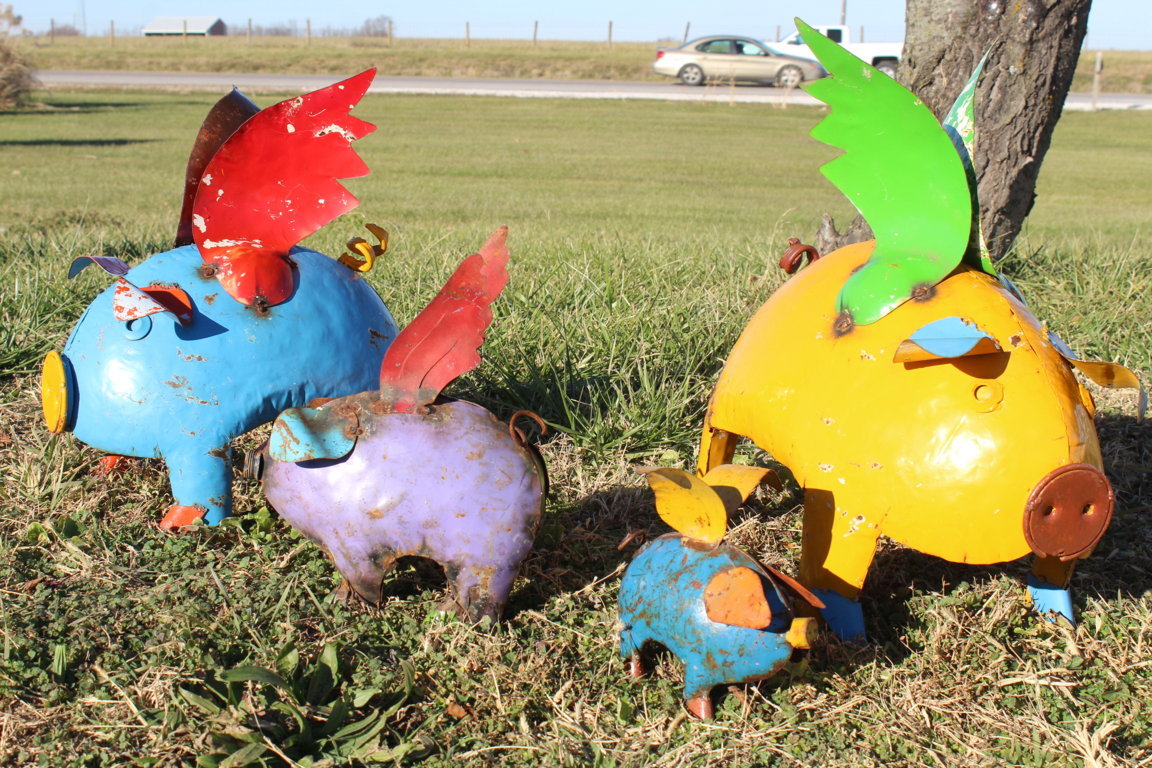 20" Large Recycled Metal Flying Pig Lawn Decoration