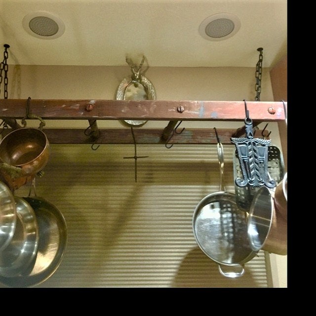 3 Rung Pot Rack using Vintage Ladder Laundry Organizer