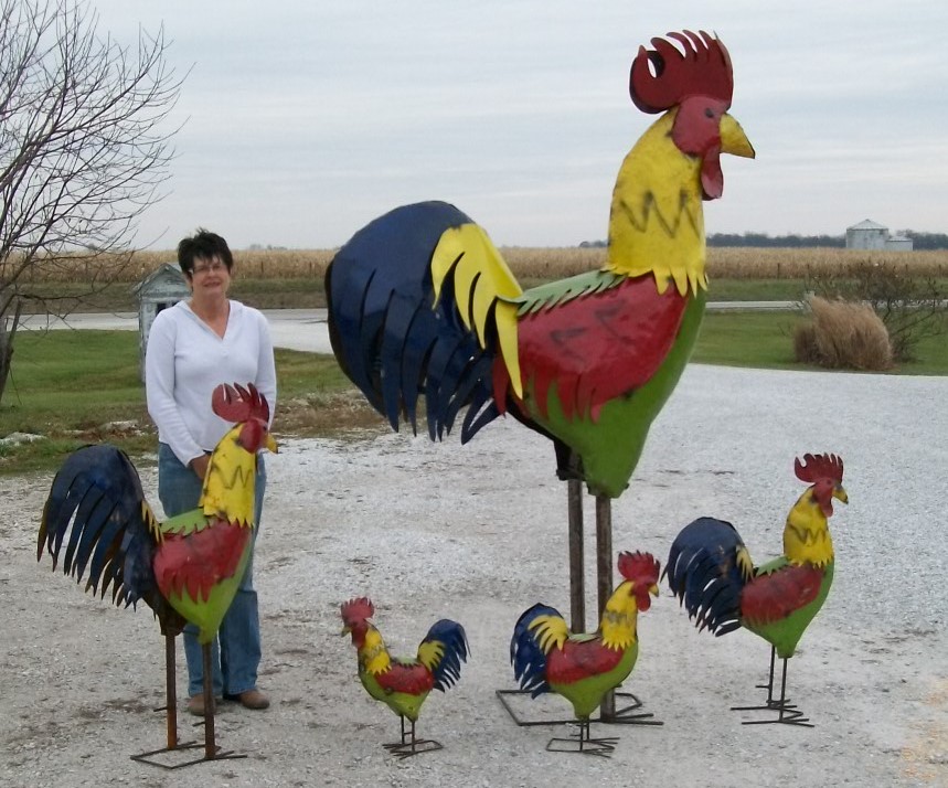 49" Colorful Metal Rooster Upcycled Mexican Yard Art