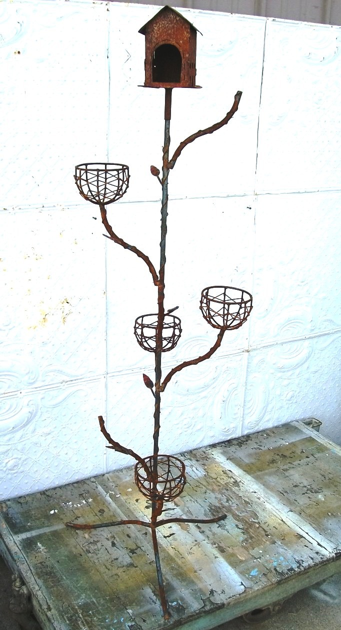 61" Wrought Iron Birdhouse Plant Stand Decorative Container