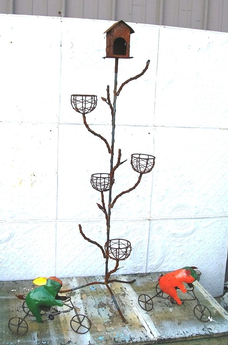 61" Wrought Iron Birdhouse Plant Stand Decorative Container