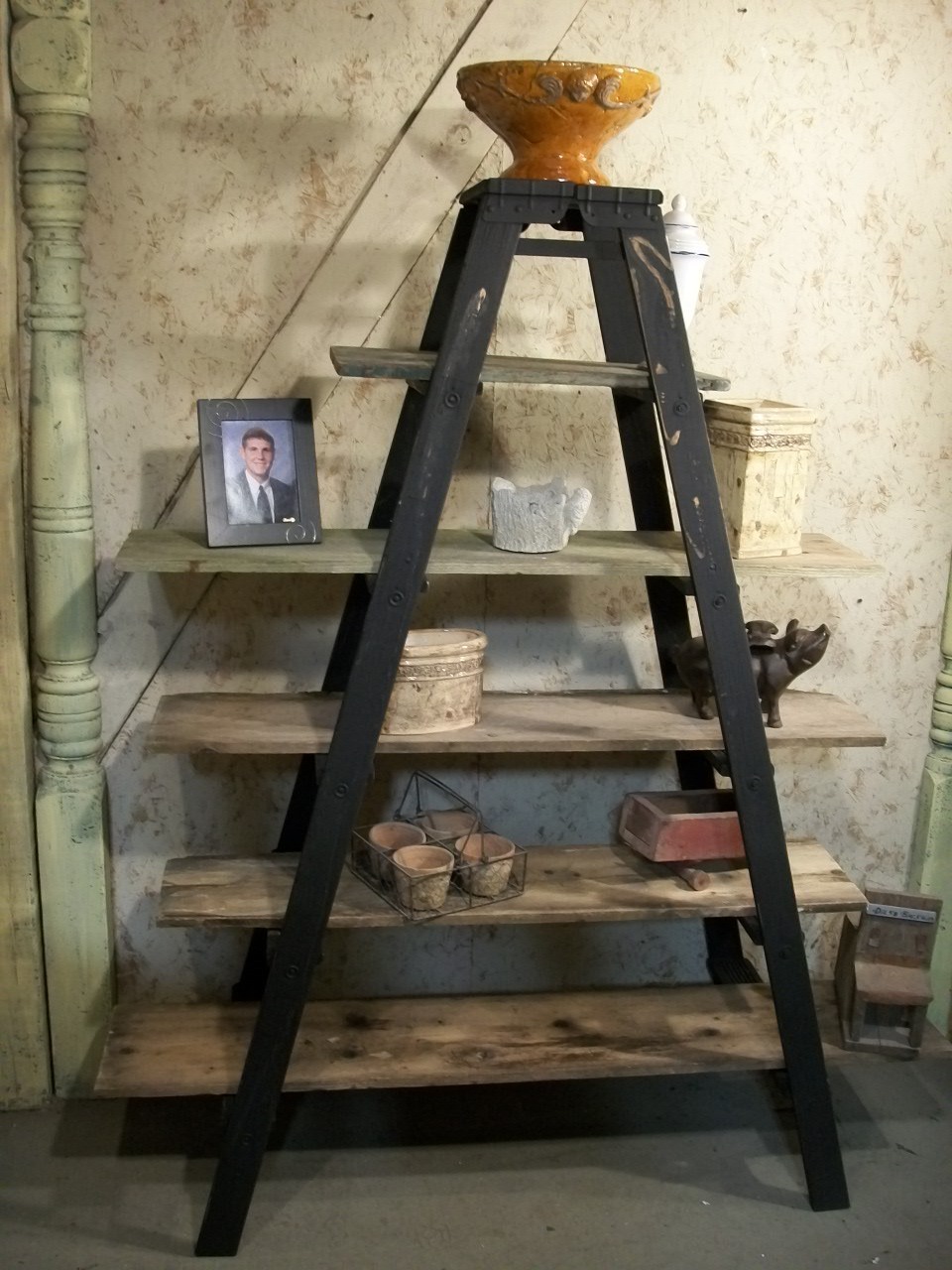 Tall Double Sided Step Ladder Shelving With 7 Shelves
