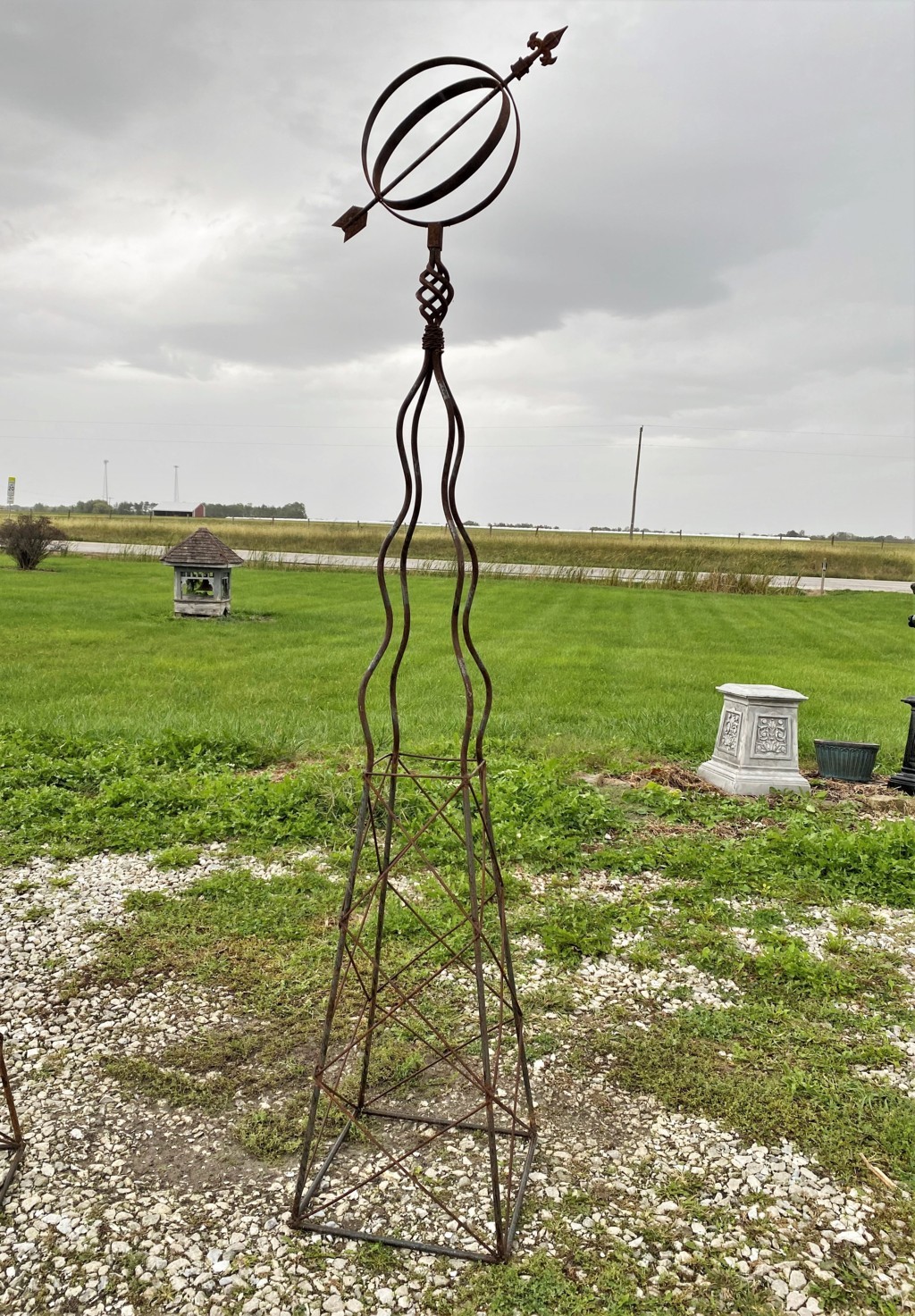 Huge 90" Wrought Iron Swirly Obelisk Sundial