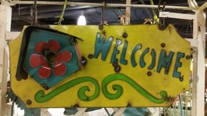 Recycled Metal Birdhouse Welcome  Sign
