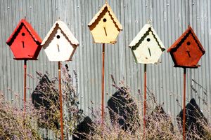 Recycled Metal Birdhouse Stake with Clean Out -  Yard Ornament