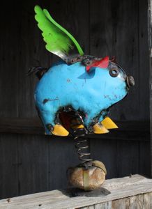 Recycled Metal Flying Pig on a Rock  Farm Yard Animal