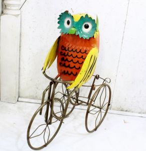 Recycled Metal Owl on Trike Flower Pot Container Bird Planter