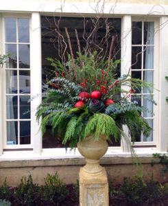 Sandra's Fiberstone Planter Decorated for the Christmas Holidays