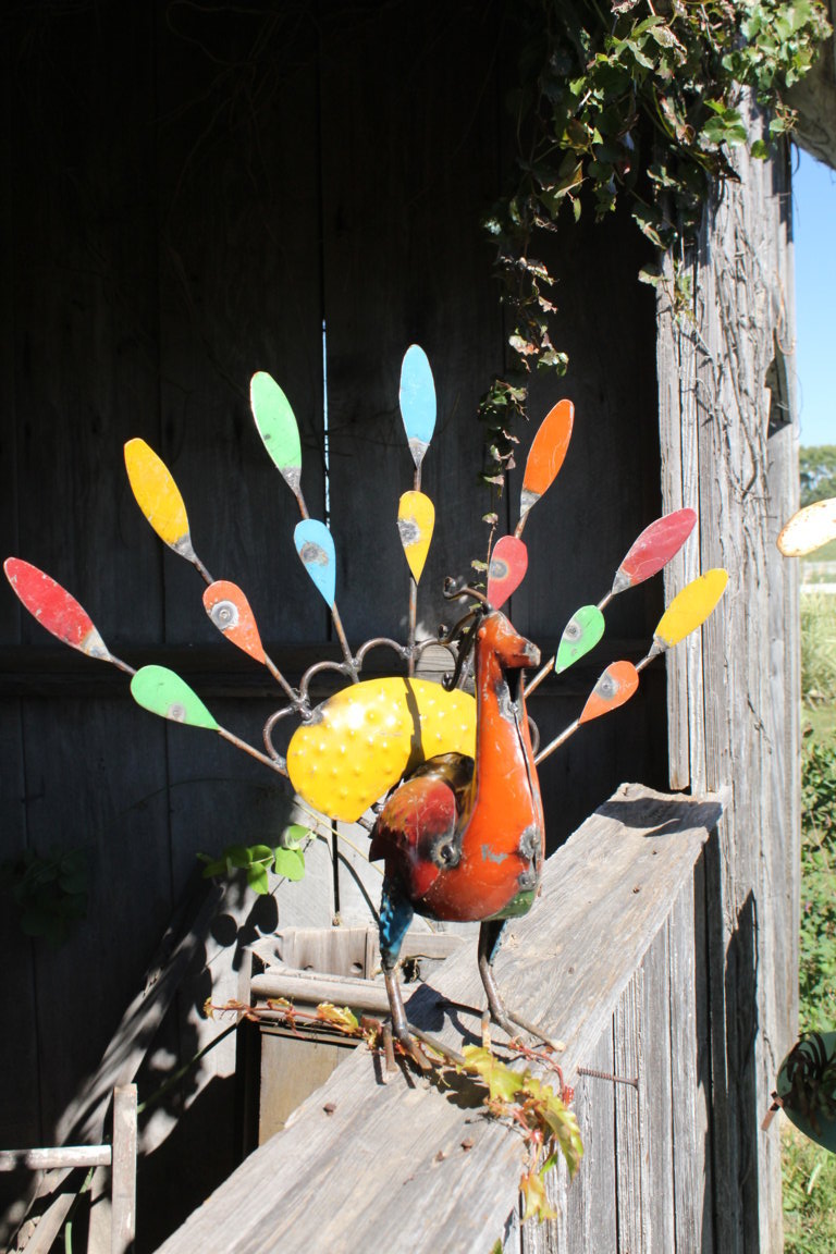 Small Recycled Metal Peacock Bird Yard Ornament