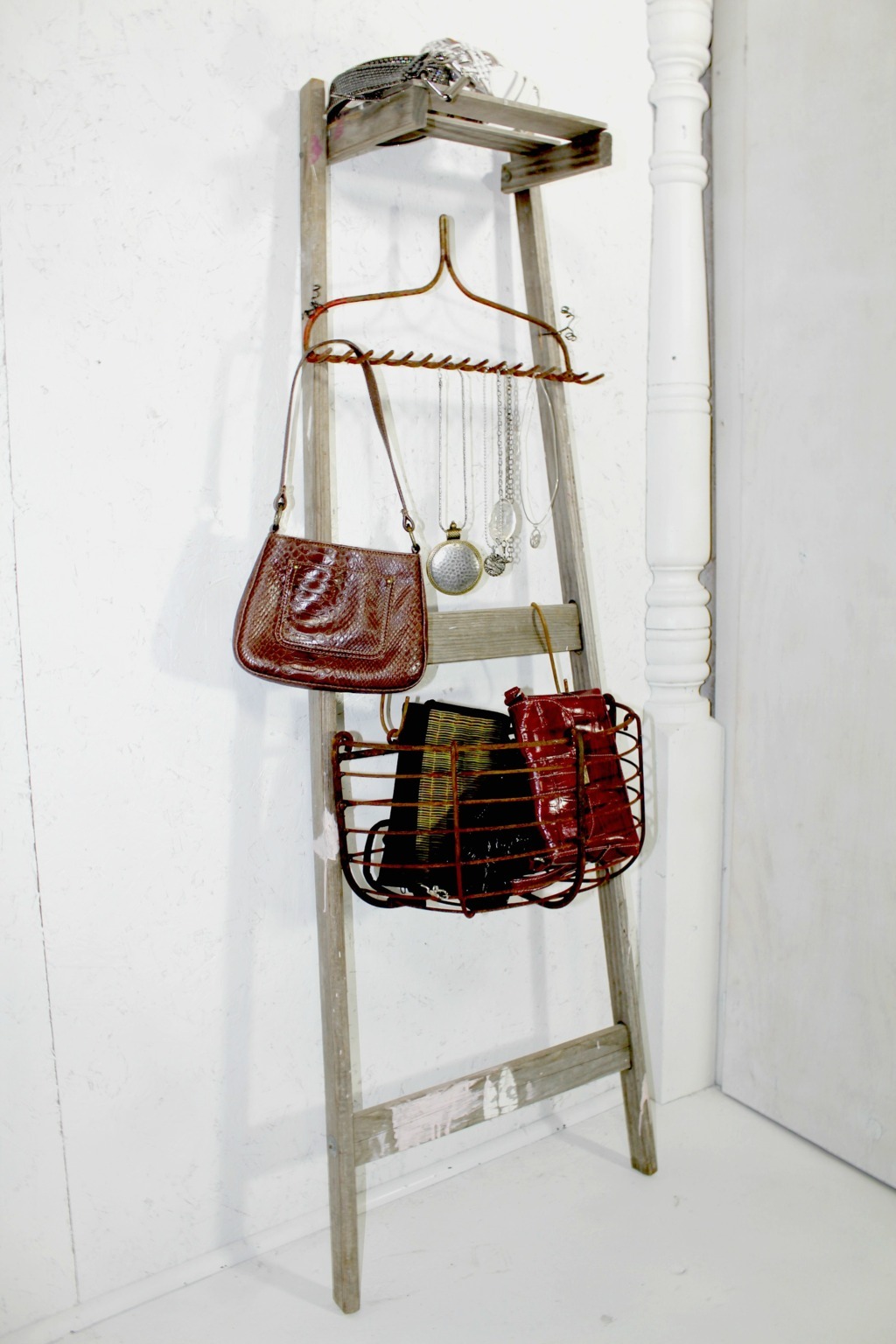 Vintage Handyman Ladder Storage Rake & Metal Basket