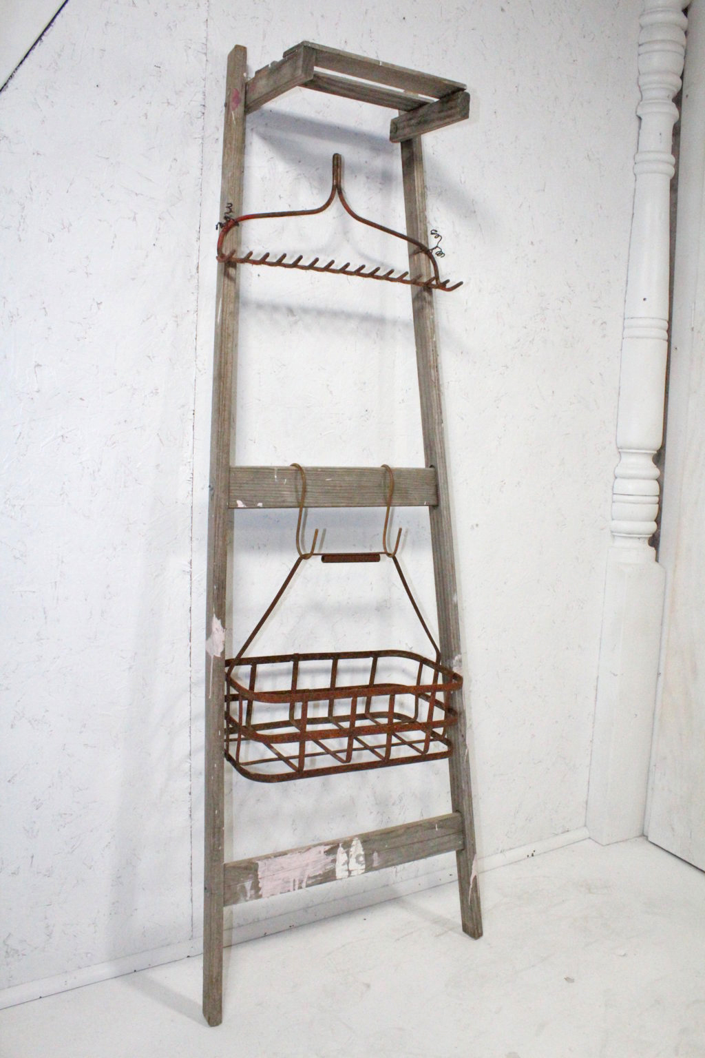Vintage Handyman Ladder Storage Rake & Metal Basket