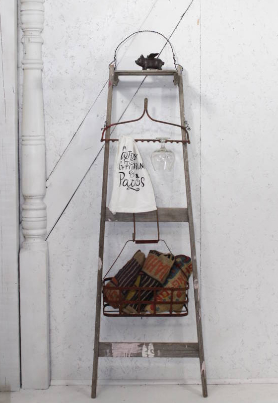 Vintage Handyman Ladder Storage Rake & Metal Basket