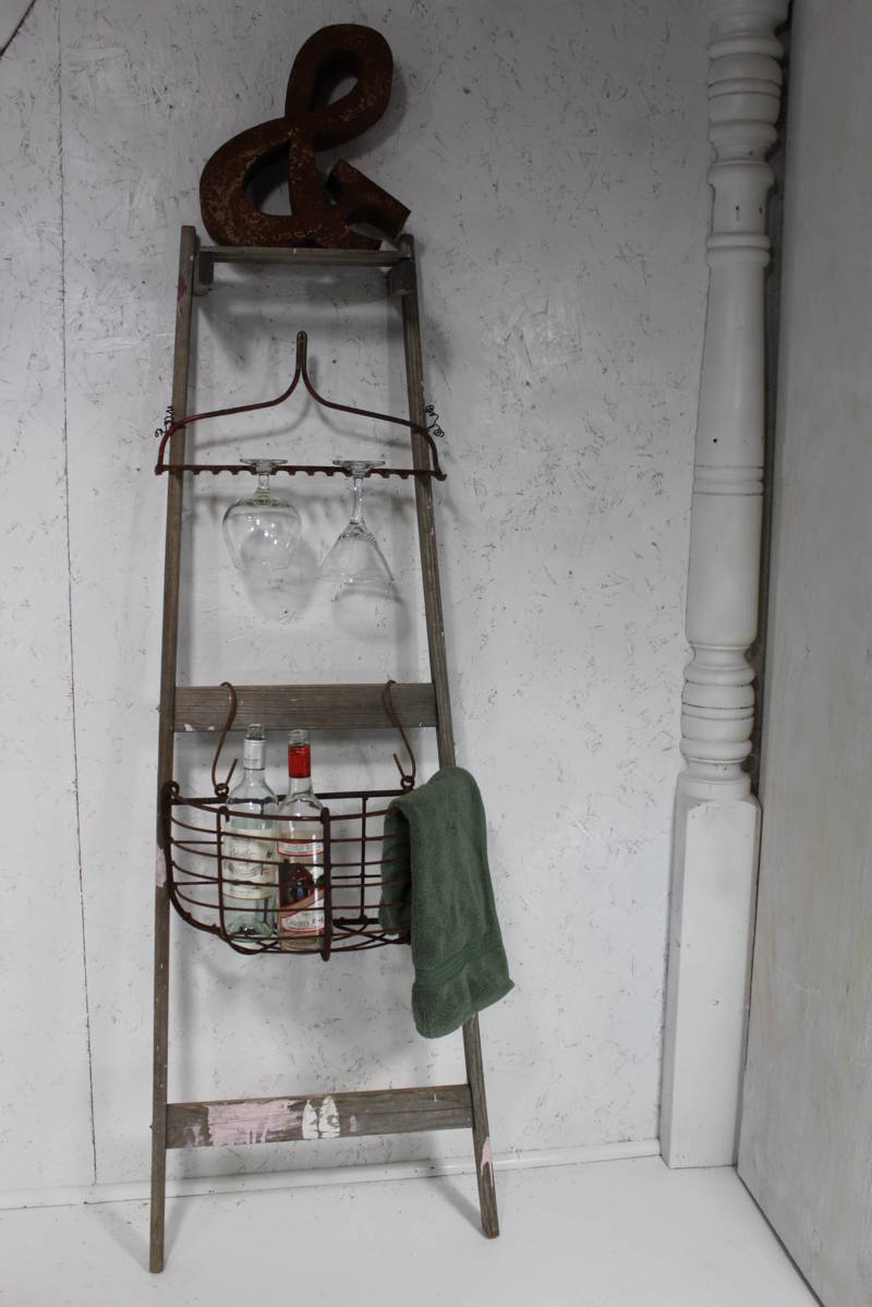 Vintage Handyman Ladder Storage Rake & Metal Basket