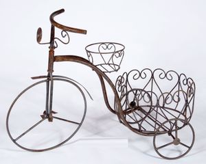 Wrought Iron Trike & 2 Circle Planters - Claypot Holder - Plant Stand